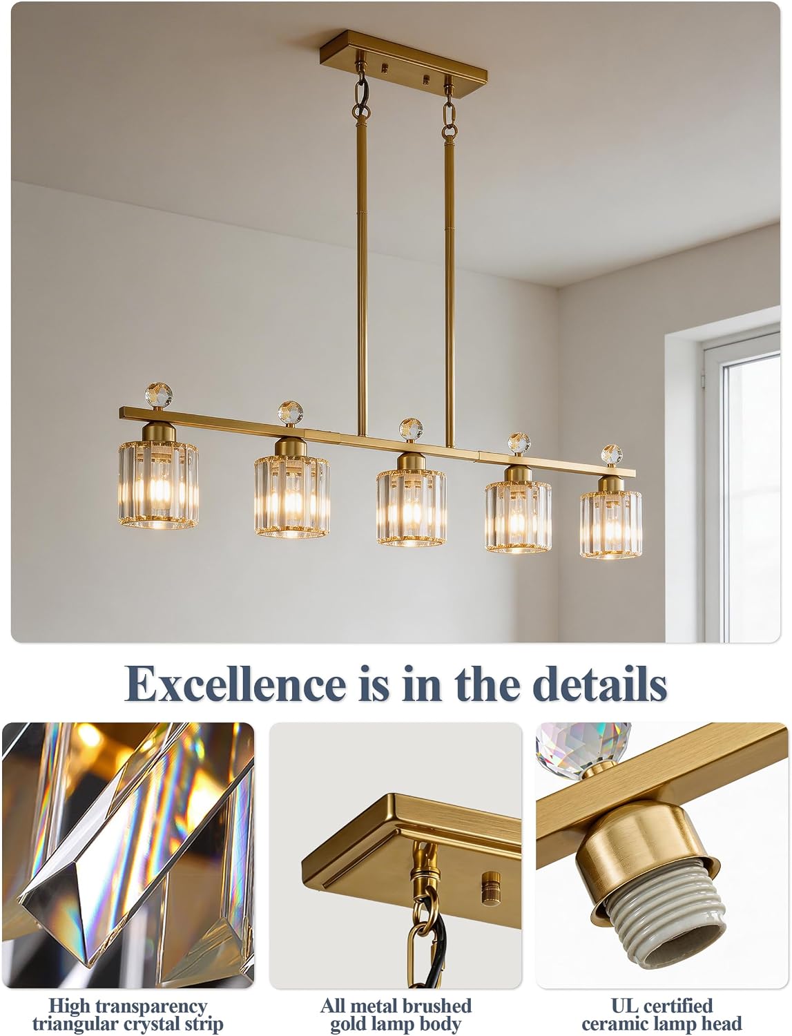 Modern Dining Room Light Fixture Over Table, Crystal Pendant Lights Kitchen Island, Chandeliers for Dining Room Kitchen Light Fixtures (E26) 5-Light Gold