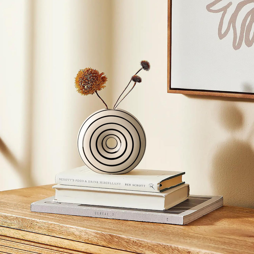 Ceramic Small Donut Vase Hand Painted Glossy Finish Flower Vase, Black and White, Unique Modern Home Decor for Living Room, Coffee Table, Mid Century Decor