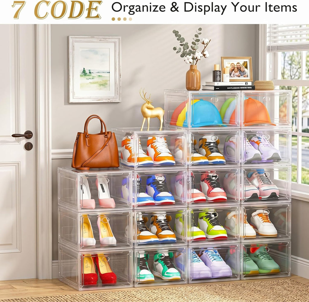7 code Shoe Organizer, Clear Thickened Stackable Shoe Boxes with Magnetic Door, Collapsible Closet Storage Rack for Sneakers & Boots, 6 Pack White, Virgin Material, Not Recycled Plastic for Household