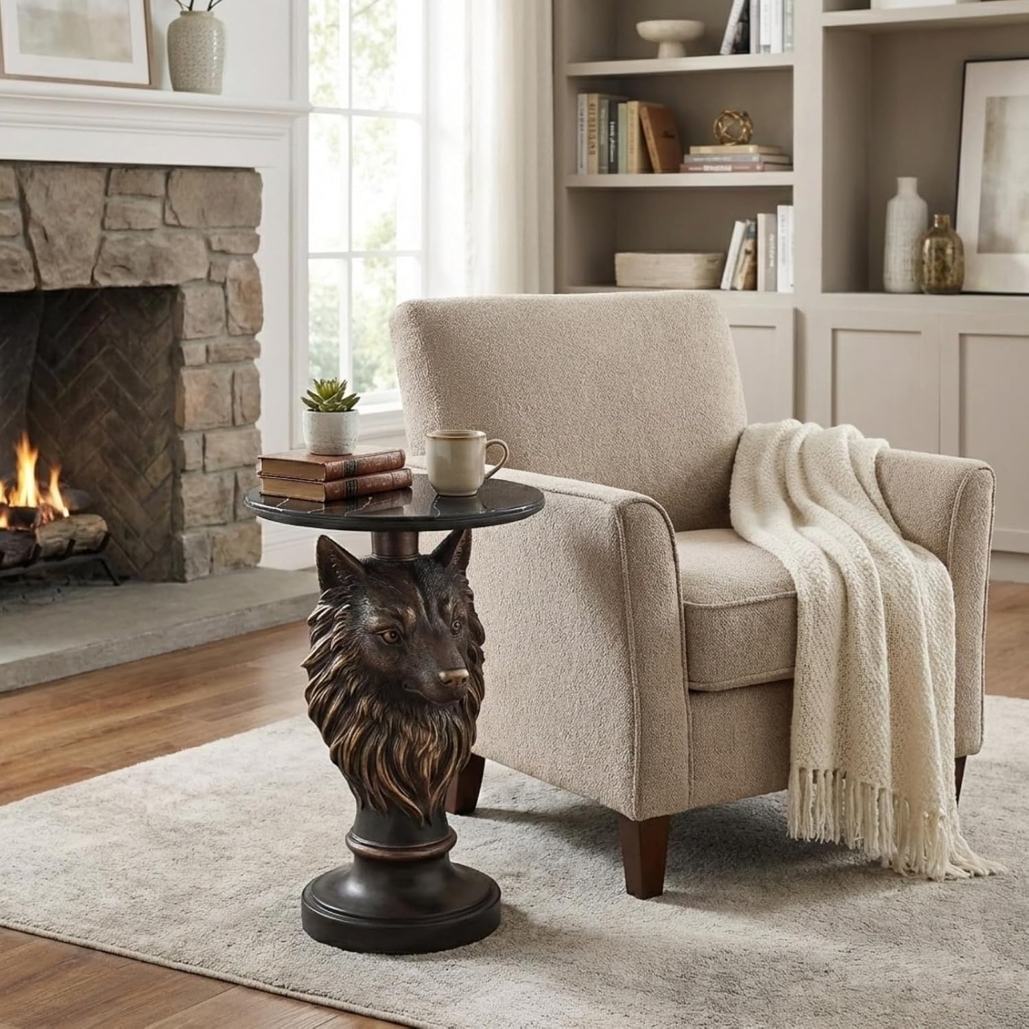 Wolf Head Side Table, Round End Table with 17.72" Black Faux Marble Top, Resin Wolf Statue Base, Unique Animal Accent Tables for Living Room Bedroom Home Decor