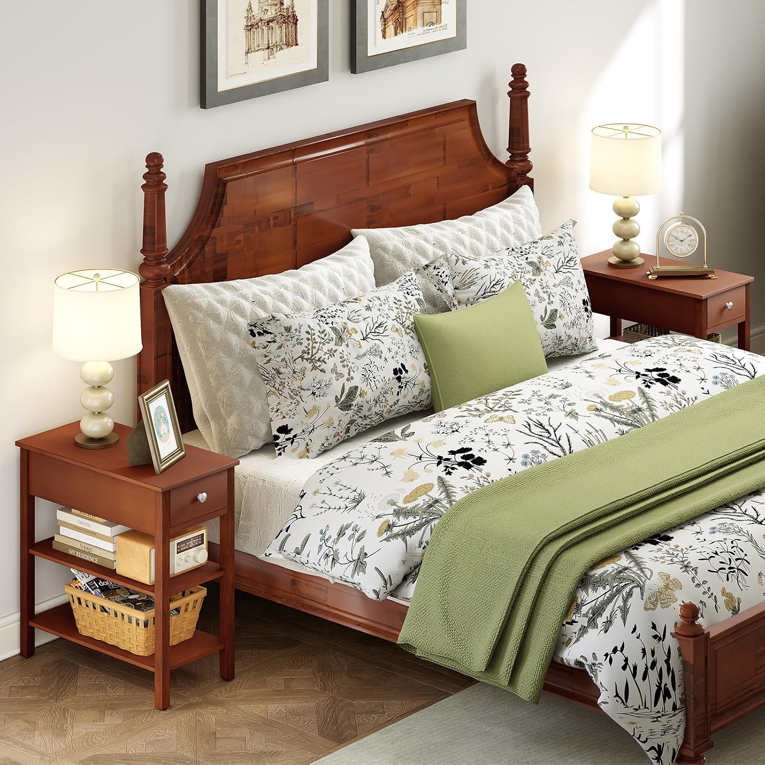 Giantex Narrow End Table Set of 2, Farmhouse Side Tables with Drawer & Storage Shelves, Wood Sofa Side Tables, 3-Tier Nightstands for Small Space, Living Room, Bedroom, 23.5"L x 12"W x 24.5"H, Brown