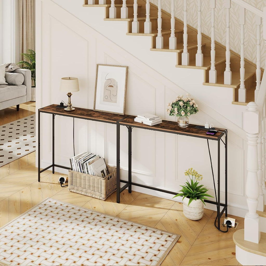 MAHANCRIS Console Table, Narrow Sofa Table, 43.7” Entrance Table with Power Station, Behind Couch Table, Simple Style, for Living Room, Hallway, Entryway, Foyer, Rustic Brown and Black CTHR112E01