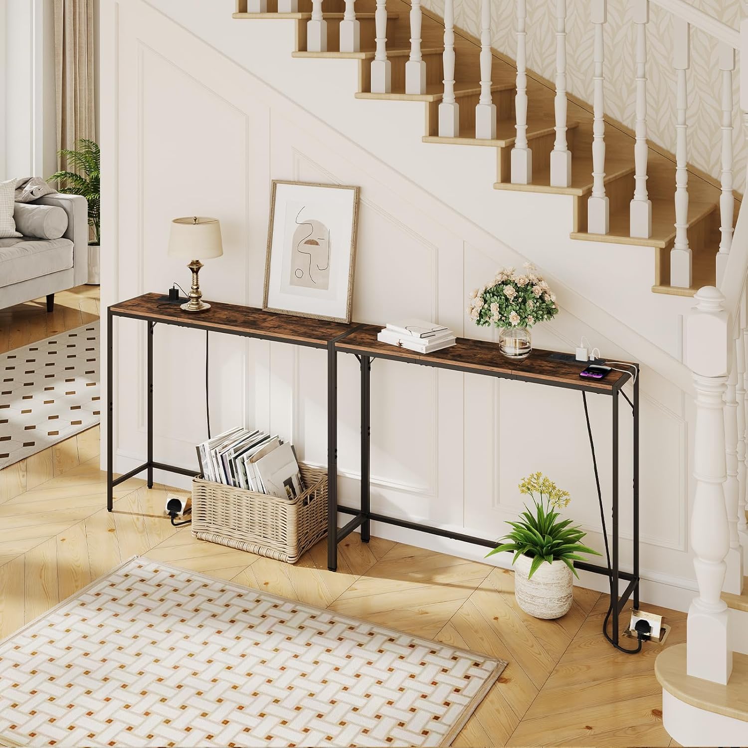 MAHANCRIS Console Table, Narrow Sofa Table, 43.7” Entrance Table with Power Station, Behind Couch Table, Simple Style, for Living Room, Hallway, Entryway, Foyer, Rustic Brown and Black CTHR112E01