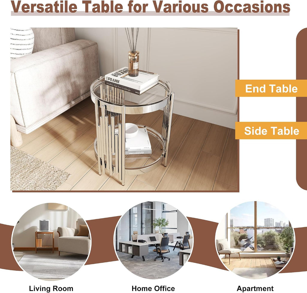 Round Glass End Table, 2-Tier Small Side Table with Tempered Glass Top and Sliver Stainless Steel Legs, Elegant Sofa Accent Table for Living Room, Bedroom, Easy to Assembly