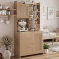 71'' Tall Kitchen Pantry Storage Cabinet, Kitchen Hutch Bar Cabinet with Microwave Stand, Farmhouse Buffet Cabinet w/Drawer, 3 Adjustable Shelf & 3 Rattan Doors for Kitchen, Dining Room (Natural)