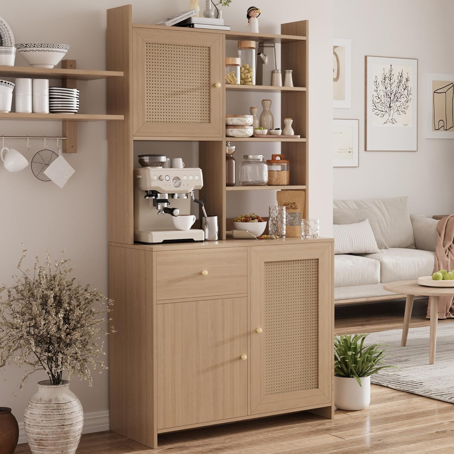 71'' Tall Kitchen Pantry Storage Cabinet, Kitchen Hutch Bar Cabinet with Microwave Stand, Farmhouse Buffet Cabinet w/Drawer, 3 Adjustable Shelf & 3 Rattan Doors for Kitchen, Dining Room (Natural)