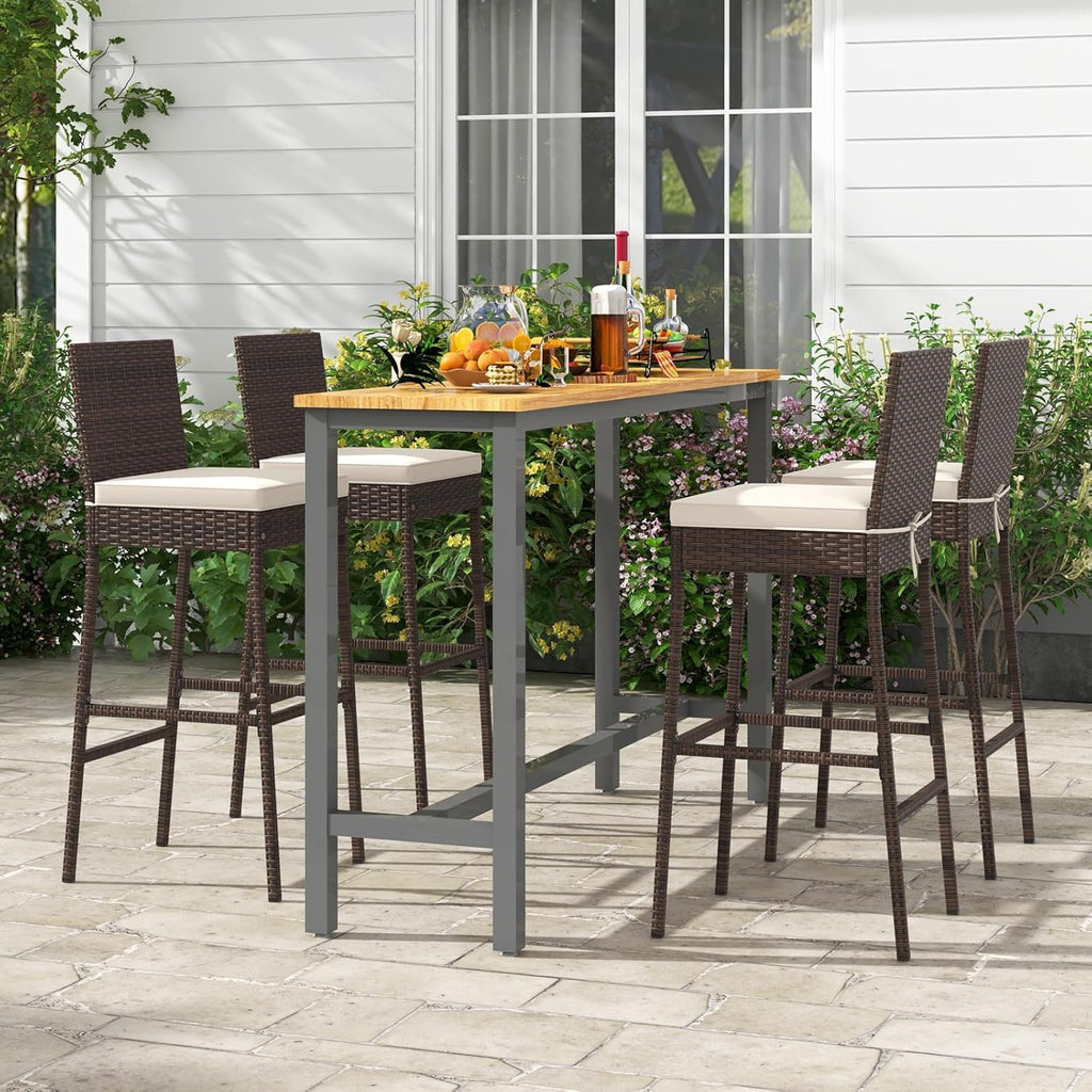 Outdoor Wicker Barstools, Patio Rattan Barstool Set of 4 with Cushion, Footrest & Heavy-Duty Metal Frame, Outdoor Bar Height Chair for Backyard & Balcony