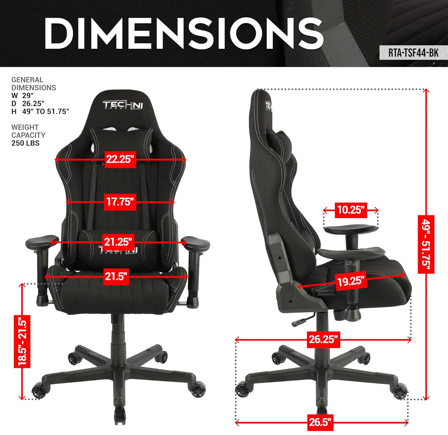 Techni Sport High Back Racing Chair with Foam Seat and Padded Arms, Reclining Gaming Chair with Height and Tilt Adjustment, Black