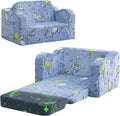 MeMoreCool Glowing Rocket Kids Chair, Glow-in-the-Dark Space Kids Couch, 2-in-1 Convertible Fold-Out Recliner with Cushioned Foam, Washable Cover for Boys Playroom, Denim Rocket