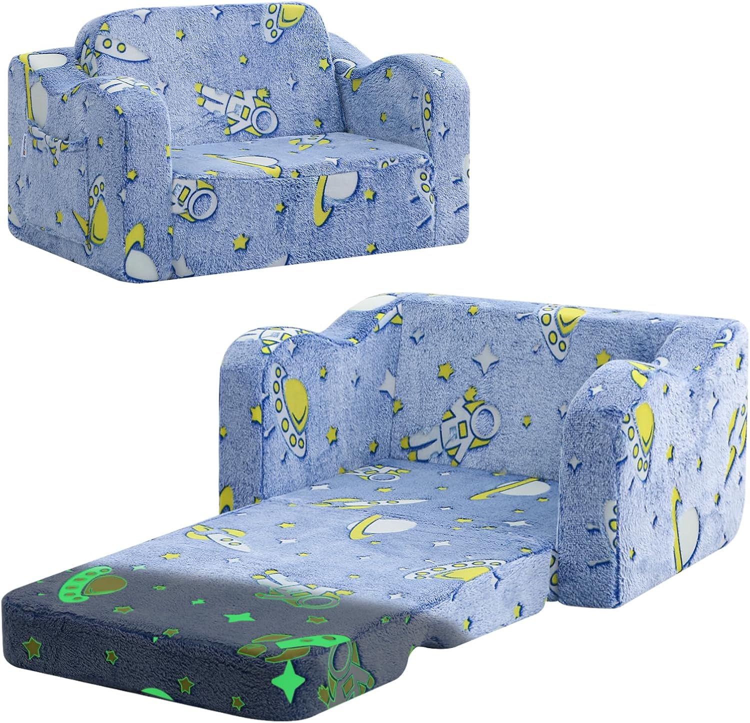 MeMoreCool Glowing Rocket Kids Chair, Glow-in-the-Dark Space Kids Couch, 2-in-1 Convertible Fold-Out Recliner with Cushioned Foam, Washable Cover for Boys Playroom, Denim Rocket