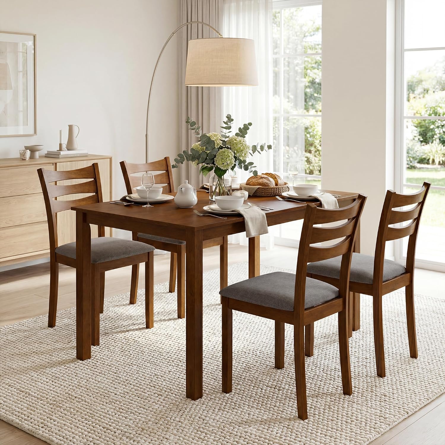 COSTWAY Dining Table Set for 4, 5- Piece Dinette Set with 4 Upholstered Chairs, Rubber Wood Frame & Space-Saving Design, Farmhouse Kitchen Table Set for Apartment and Breakfast Nook