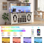 63"Wide 58"H Farmhouse Coffee Bar Cabinet with Power Outlet and LED Light,Wine Bar Cabinet w/ 4 Storage Hutch,Kitchen Buffet Cabinet with 15 Wine and Glass Racks for Kitchen Dining Room(Antique White)