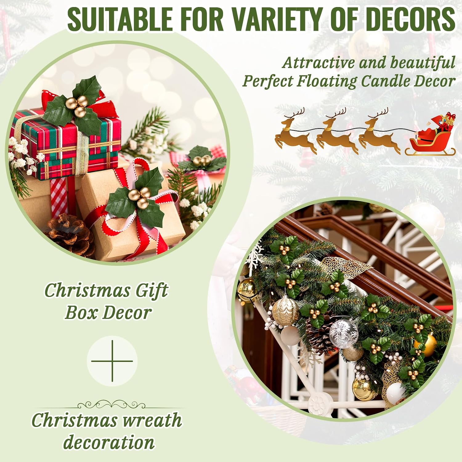 Canlierr 50 Pcs Christmas Holly Berries for Crafts Faux Berries Flowers and Holly Leaves Christmas Wreath Fillers for Vase Fillers Floating Candle Table Centerpiece(Gold)