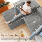 ELUCHANG Oversized 108” Boneless Couch, Comfy Cloud Modular Sectional Sofa, L-Shape Sofa with Chaise, Memory Foam Upholstered Couch for Living Room, Bedroom, No Assembly Required, Corduroy Grey