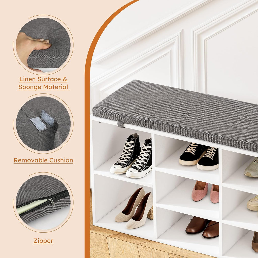 41" Shoe Storage Bench with Cushion, Entryway Shoe Rack with 10 Cubbies, Multifunctional Shoe Organizer Bench for Hallway, Bedroom, Living Room, White