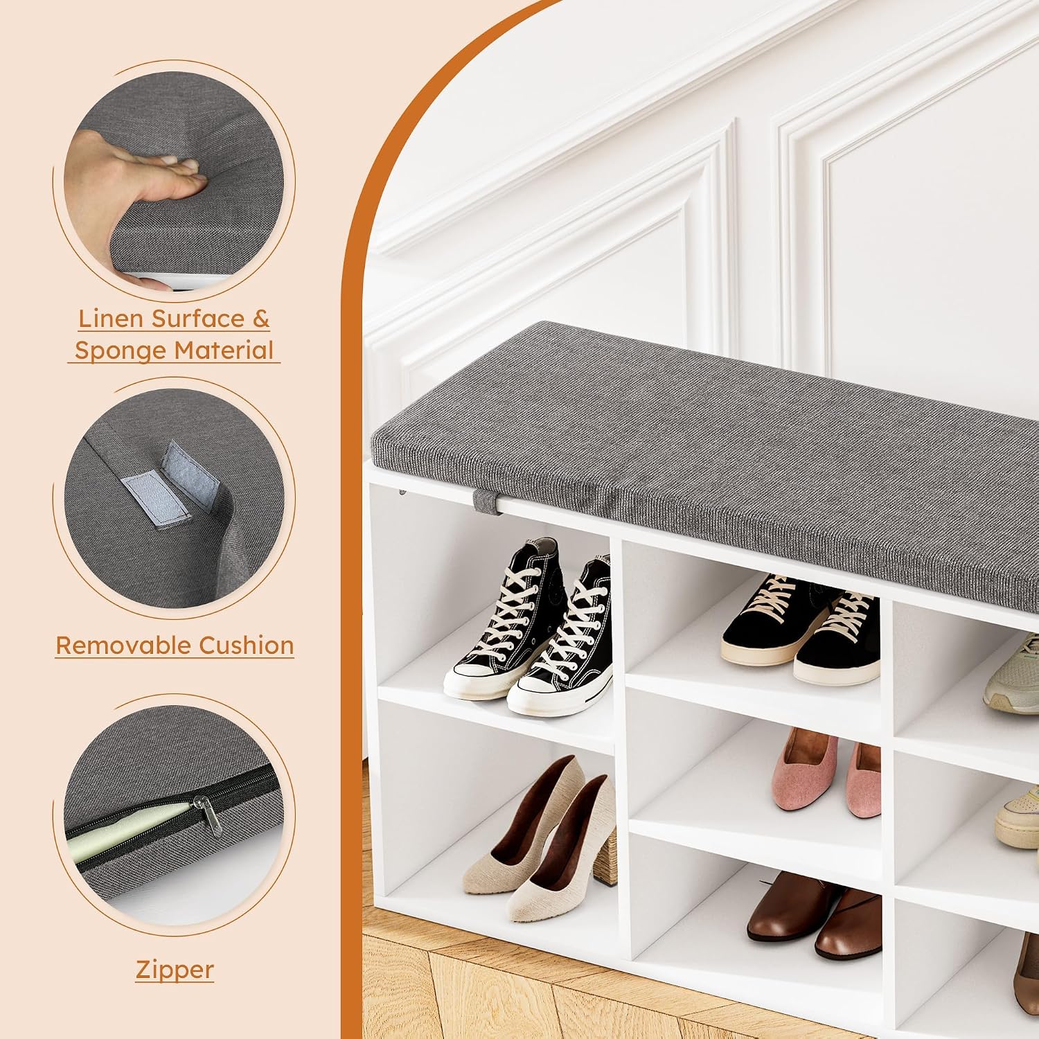 41" Shoe Storage Bench with Cushion, Entryway Shoe Rack with 10 Cubbies, Multifunctional Shoe Organizer Bench for Hallway, Bedroom, Living Room, White