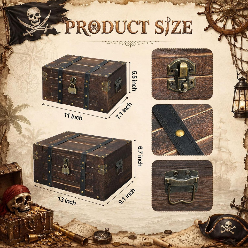 Domensi Set of 2 Vintage Wooden Treasure Chest Box with Locks Large and Small Decorative Keepsake Box Retro Rustic Pirate Storage Treasure Chest for Jewelry Gifts Home Decor (Large,Square)
