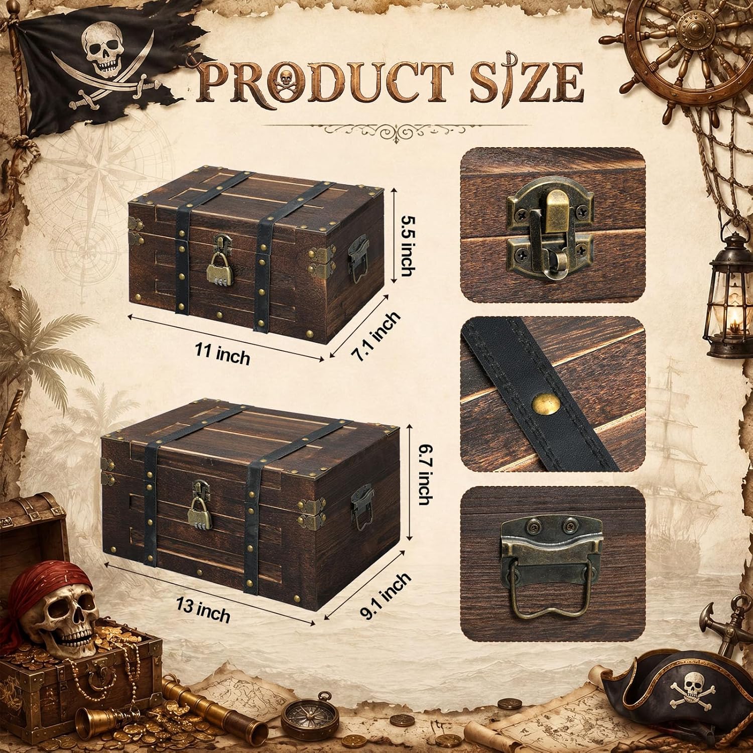 Domensi Set of 2 Vintage Wooden Treasure Chest Box with Locks Large and Small Decorative Keepsake Box Retro Rustic Pirate Storage Treasure Chest for Jewelry Gifts Home Decor (Large,Square)