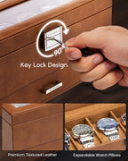 VLANDO Watch Box for Men, 6 Slot 2 Layer Watch Case, Brown | 6 slot 2 layer watch case with glass lid, lockable closure and lower storage for rings, keys and cufflinks