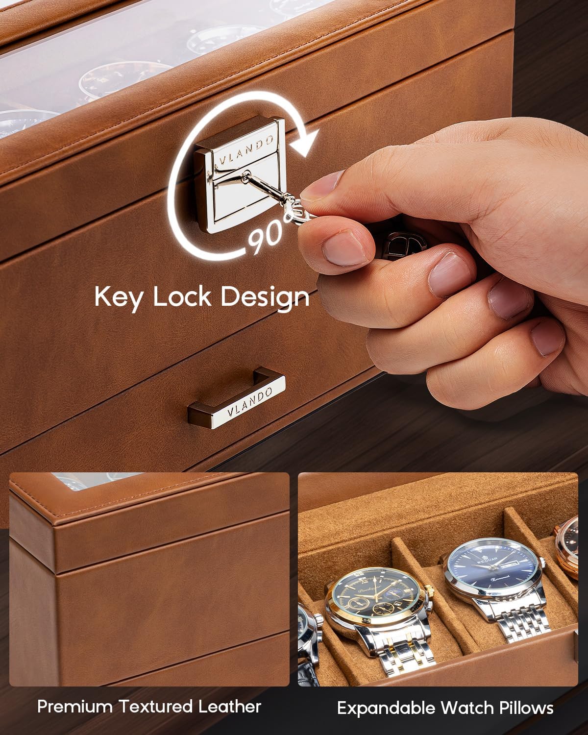 VLANDO Watch Box for Men, 6 Slot 2 Layer Watch Case, Brown | 6 slot 2 layer watch case with glass lid, lockable closure and lower storage for rings, keys and cufflinks