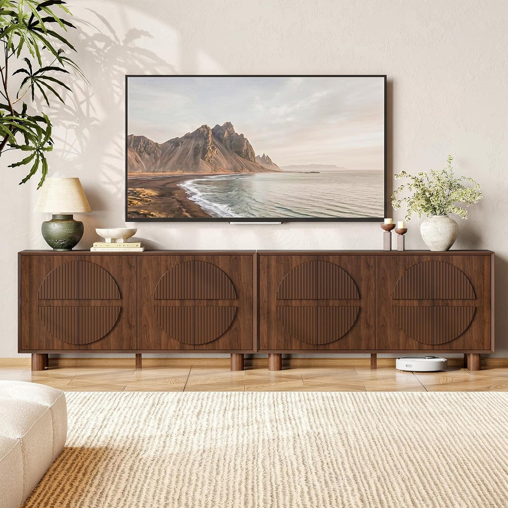 ONBRILL 63 Inch Fluted Buffet Cabinet with Storage, Modern Arched Sideboard with Push-Spring Doors, Adjustable Shelf, Wood Coffee Bar Cabinet Credenza for Kitchen, Living Room, Walnut