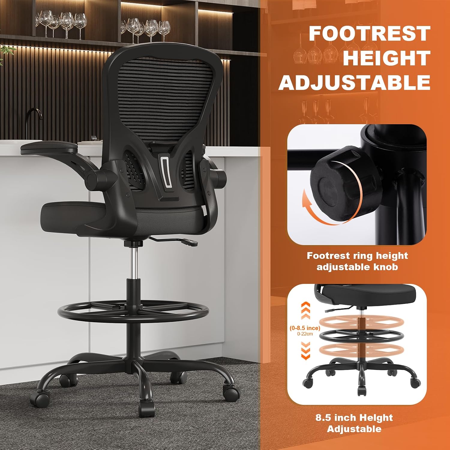 Synorla Ergonomic Drafting Chair, Tall Office Chair with Flip-up Armrests, Breathable Mesh High Desk Chair with Lumbar Support Adjustable Footrest Ring for Standing Desk Black