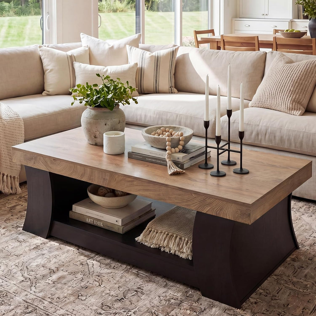 LITTLE TREE 55" Coffee Table, Living Room Table with Storage Shelf, Wooden Coffee Table, Modern Farmhouse Rectangle Center Table for Living Room, Bedroom, Office, Rustic Brown+Black