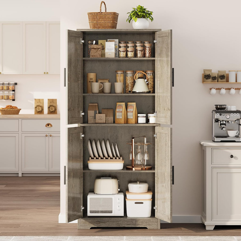 GarveeLife 70" Tall Kitchen Pantry,Farmhouse Storage Cabinet with Adjustable Shelves,Farmhouse Pantry Cabinet with 4 Barn Doors, for Kitchen,Dining Room,Living Room.(Grey)