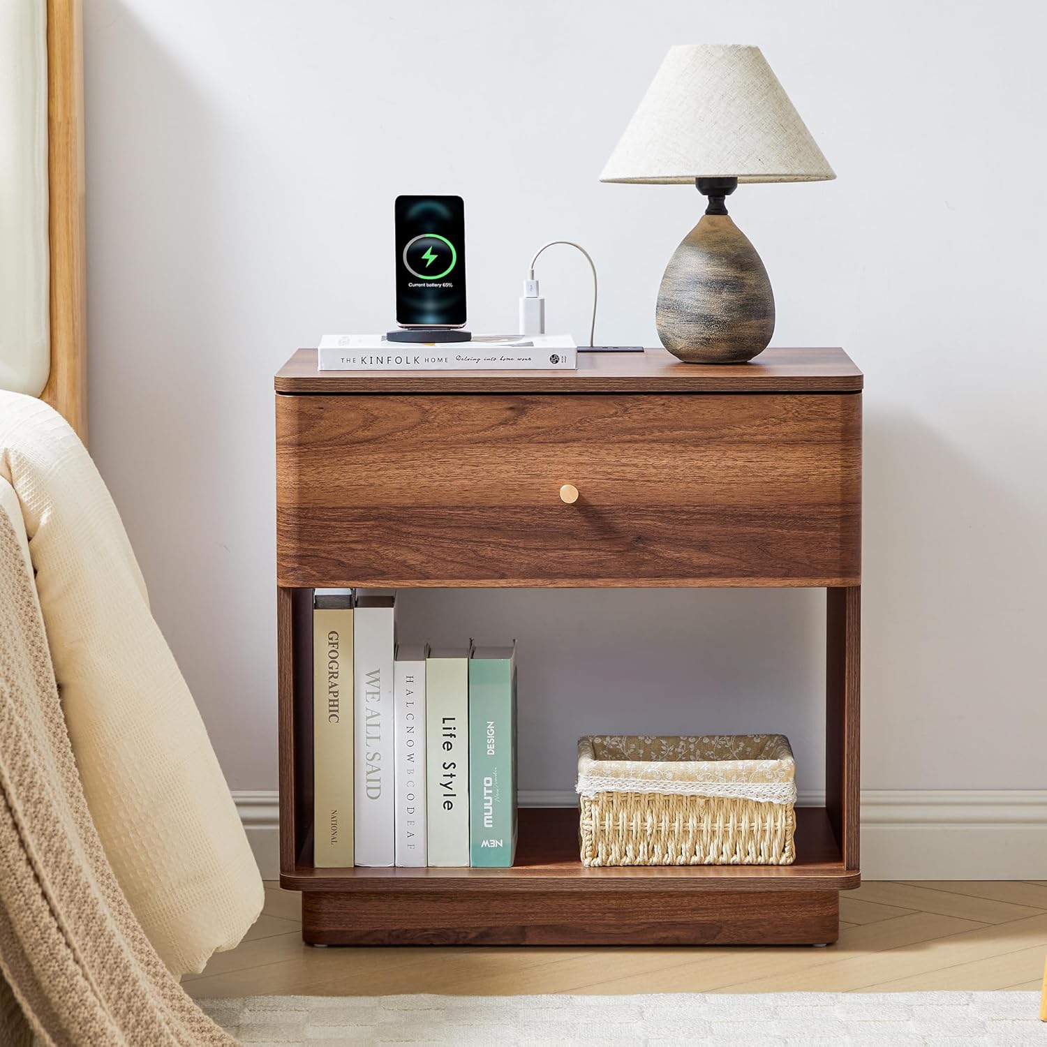 FurSch Modern End Table with Charging Station for Living Room, Wood Side Table with Drawer & Storage Shelf for Bedroom Couch Sofa (Walnut-1 pc)