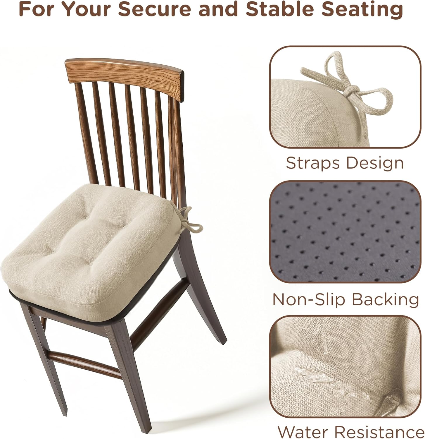 Codi Dining Chair Cushions 4 Pack, Thick Chairs Pads for Indoor Kitchen Room - Washable, Non-Slip Memory Foam Seat Cushion with Ties, 16.5"x16.5"x 3.5", Set of 4, Beige New