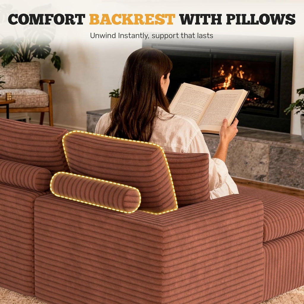 134" U Shaped Modular Sectional Sofa, Oversized Boneless Couches for Living Room,No Assembly Required Corduroy Cloud Couch with Chaise Lounge, Caramel 1 PCS