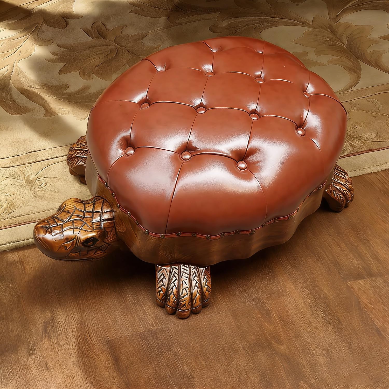 Wood Ottoman Footstool,Animal Footstool Turtle Upholstered Ottoman with Wheels Under Desk Step Stool Padded Seat Shoes Bench Kids Chair Seat for Living Room Bedroom (Brown, 80cm/31.5in)