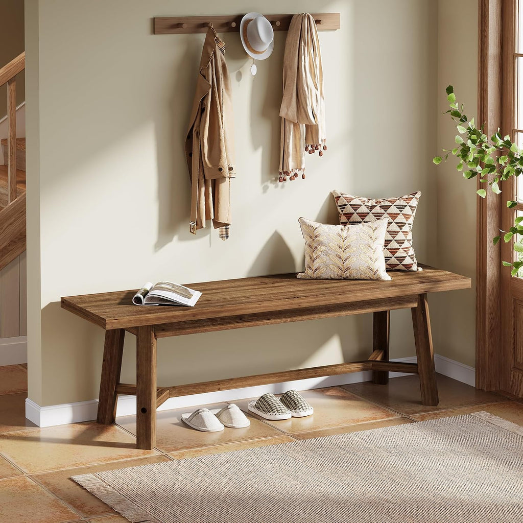 55" Solid Wood Bench, Farmhouse Long Bench Seat for Entryway, Dining Room, Living Room, Solid Wood, Dark Brown