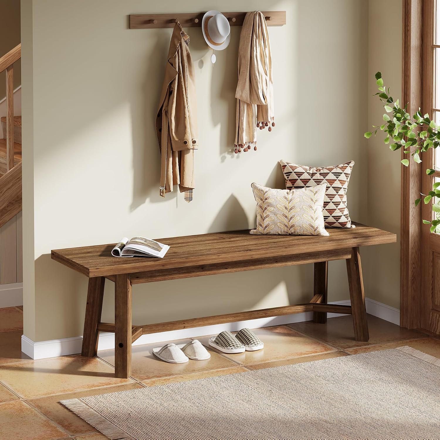 55" Solid Wood Bench, Farmhouse Long Bench Seat for Entryway, Dining Room, Living Room, Solid Wood, Dark Brown