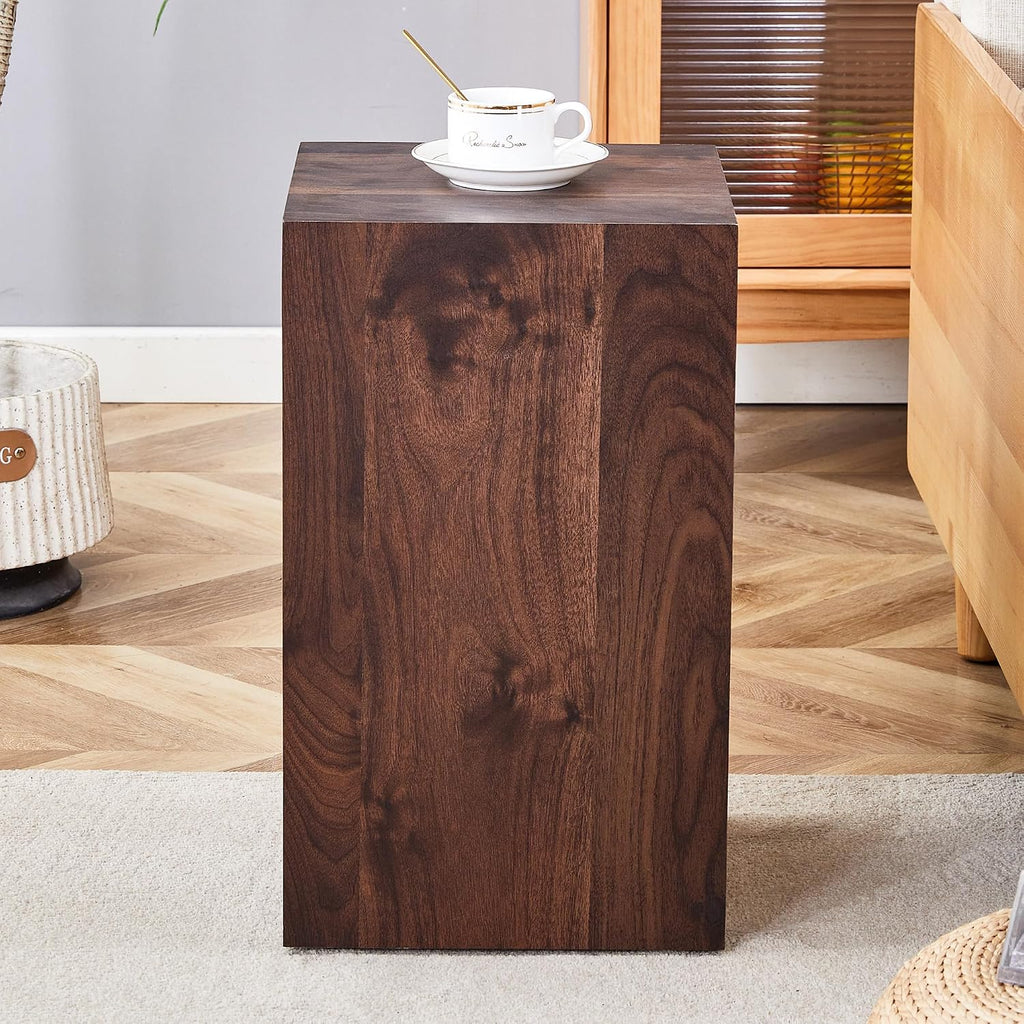 Modern Walnut Wooden End Table for Living Room, MDF Construction Square Sofa Side Table Small Nightstand for Home Apartment, 12 x 12 x 20 Inch, Easy to Clean, Non-Slip Feet Pad