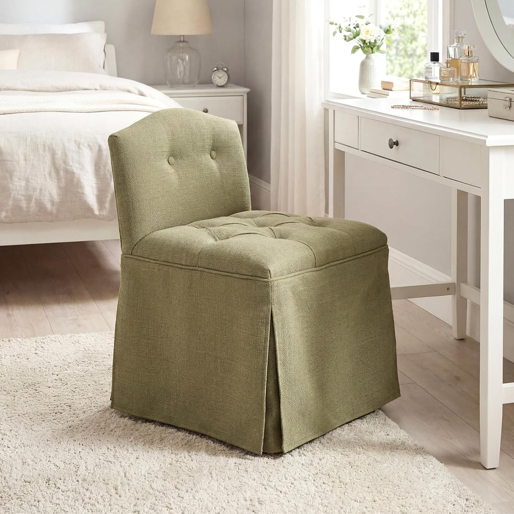Green Tufted Makeup Vanity Chair with Wheels, Small Upholstered Skirted Slipper Accent Chair with Low Back & Metal Legs, Armless Rolling Vanity Stool Desk Chair for Living Room Bedroom