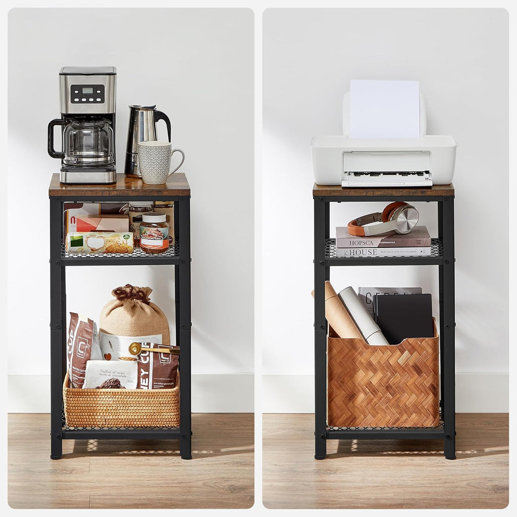 VASAGLE 3-Tier Tall Side Table, Small Telephone End Table Stand with 2 Mesh Storage Shelves for Office, Bedroom, Living Room, Kitchen Cart, Rustic Brown and Ink Black
