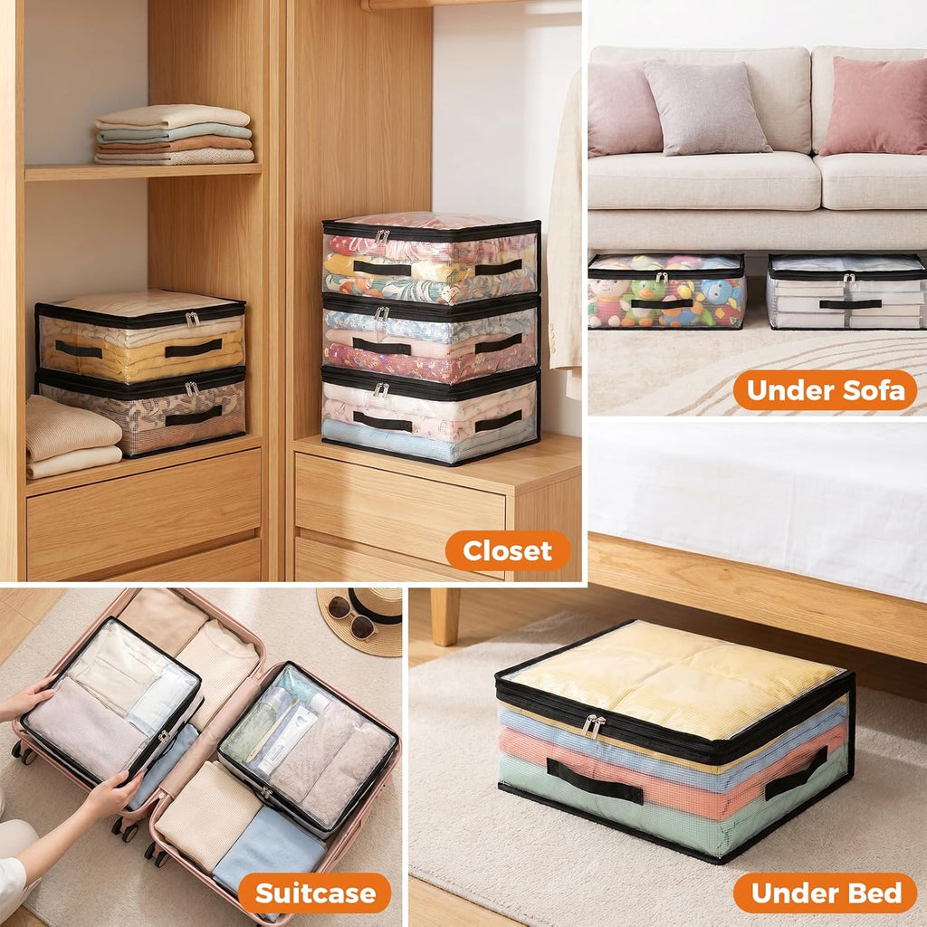 10Pcs Clear Storage Bags With Zippers and 3 Handles, 21L Plastic Clothes Blanket Storage Bags and Under Bed Storage Organizers for Sheets Bedding Comforter Linen Sweaters Toys, 15.7x13.8x5.9In