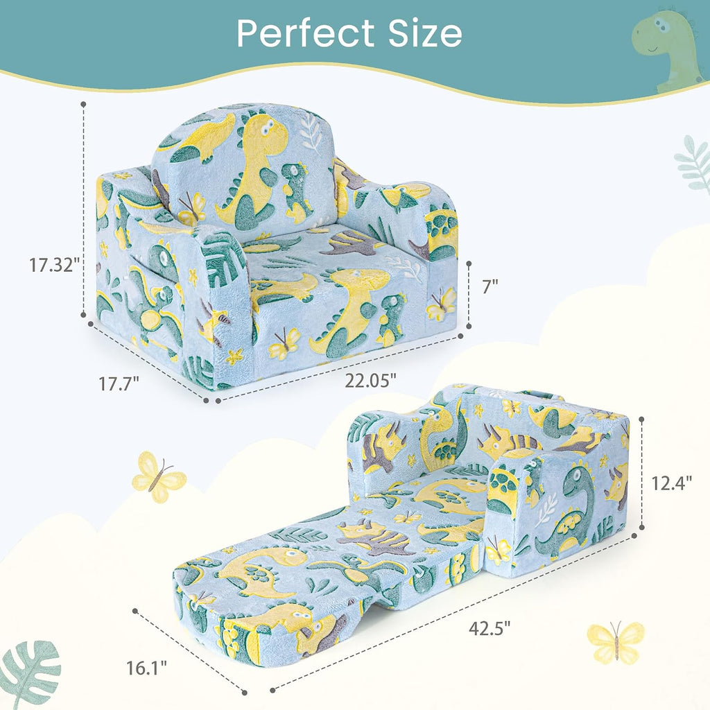 Comfy Kids Couch, 2-in-1 Fold Out Sofa Chair, Soft Foam Sofa for Playroom | Foam Support for Reading and Playing, Boys and Girls, Includes Cozy blanket, Dinosaur