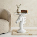 Modern Horse Statue Side Table - Round Faux Marble Top Accent Pedestal with Sculpture Base for Entryway & Living Room, White