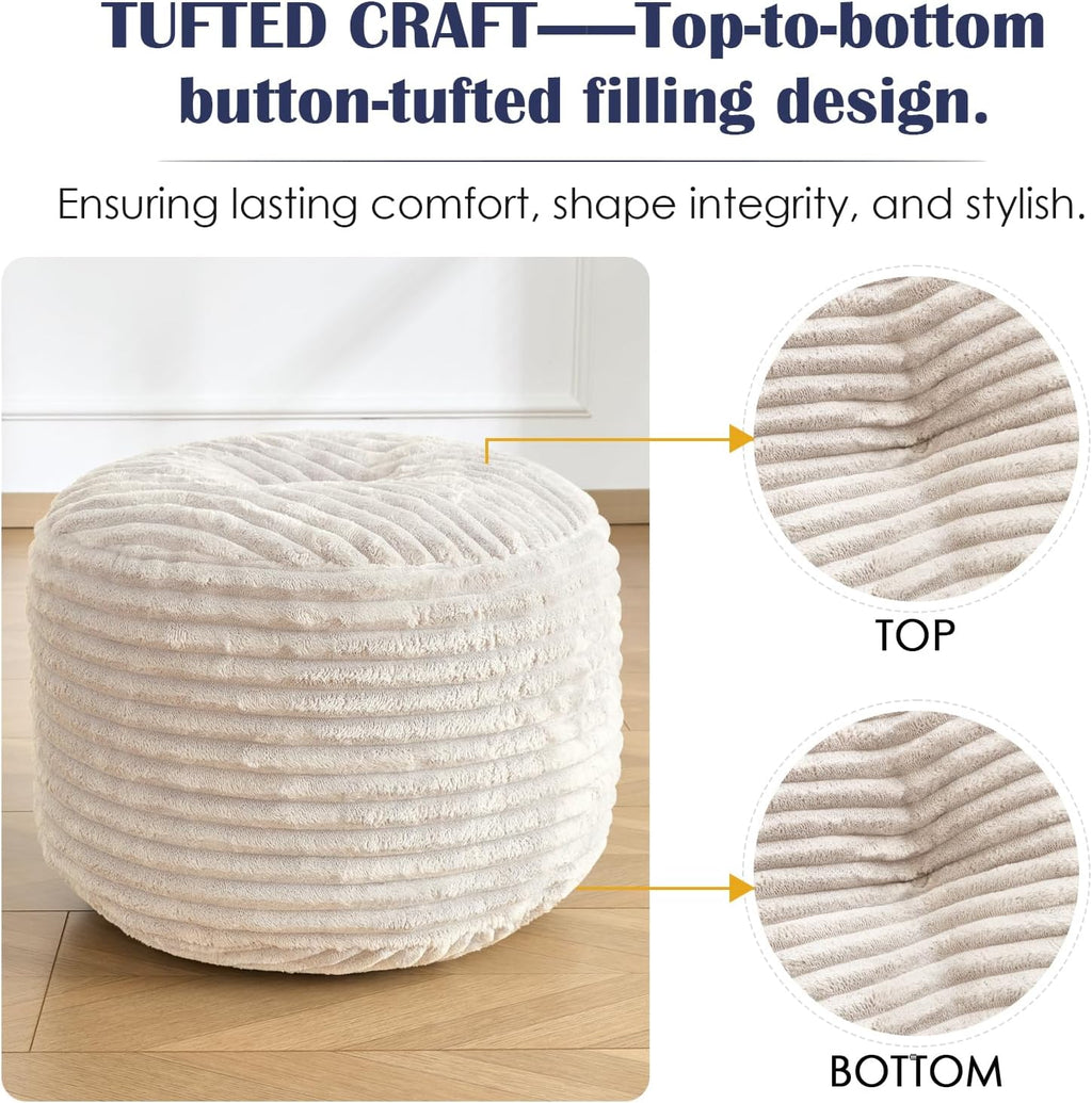 Round Ottoman,Corduroy Pouf Ottoman Foot Rest,Storage Footstool for Living Room,18x14 Soft Floor Poufs,Memory Foam Filling - Beige, 18x14 in