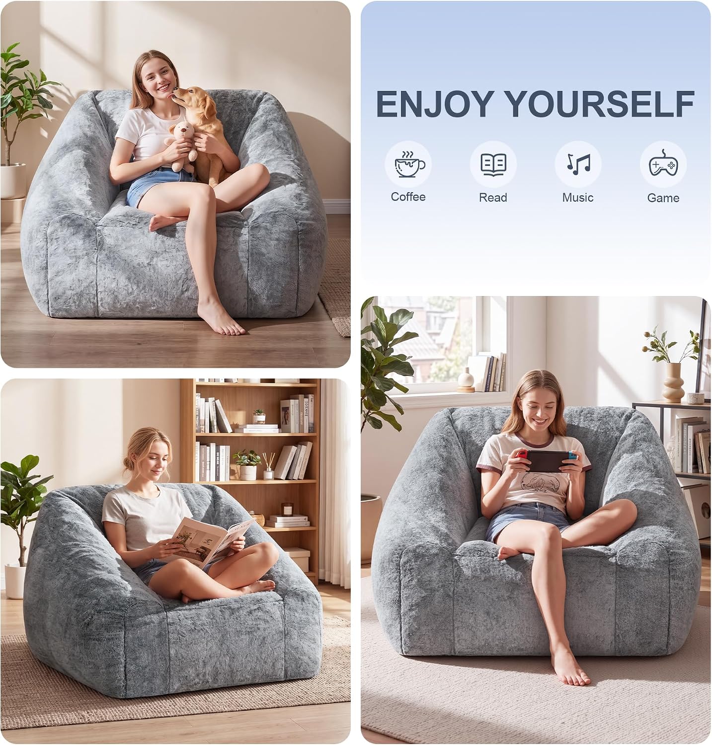 Hobestluk Bean Bag Chair Plush Accent Chair Armrest Living Room Adult Grey | Memory Foam Filled,Oversized Large Cozy Comfy Plush Chair,Lazy Sofa,Armrest,Living Room Bedroom Dorm,Washable cover