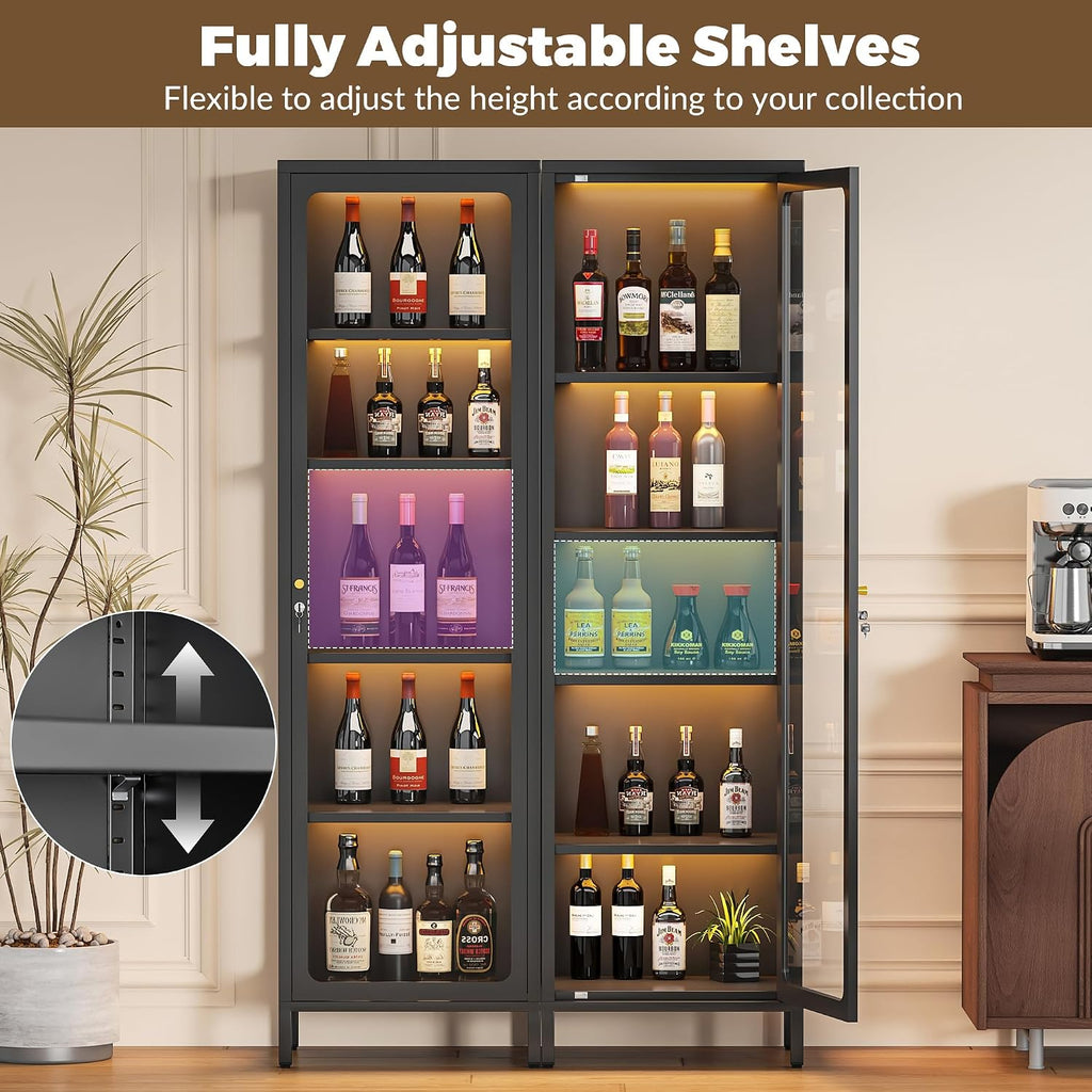 69" Glass Display Cabinet with Lock & 13-Color LED Lights, 5-Tier Locking Metal Cabinet with Adjustable Shelves, Secure Showcase for Collectibles, Action Figures, Trophies (Black)