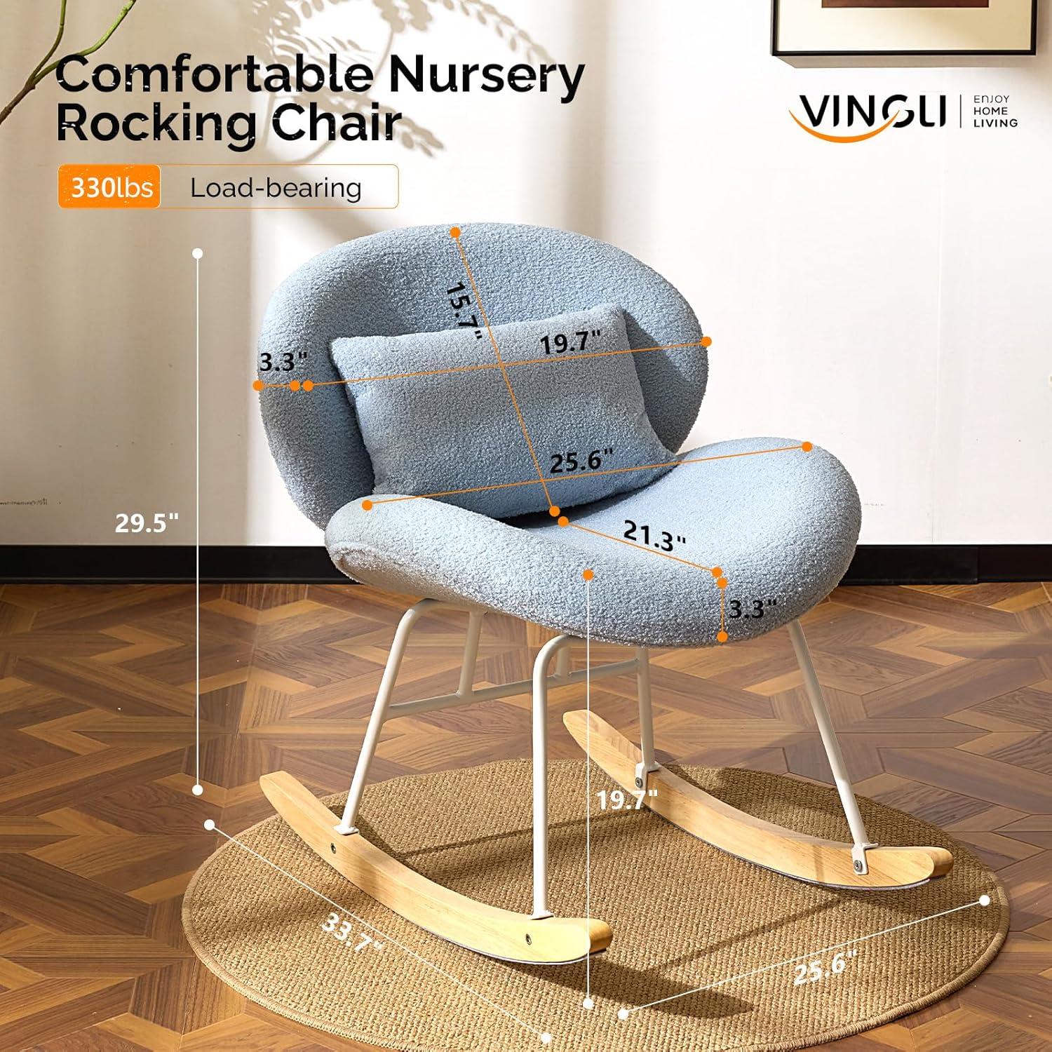 VINGLI 25.6" Extra Wide Criss Cross Nursery Rocking Chair,Cute Curved 115° Reclining Armless Glider,Teddy Small Rocker w/Pillow & Solid Wood for Indoor,Bedroom, Living Room,Teddy Fleece,Sky Blue