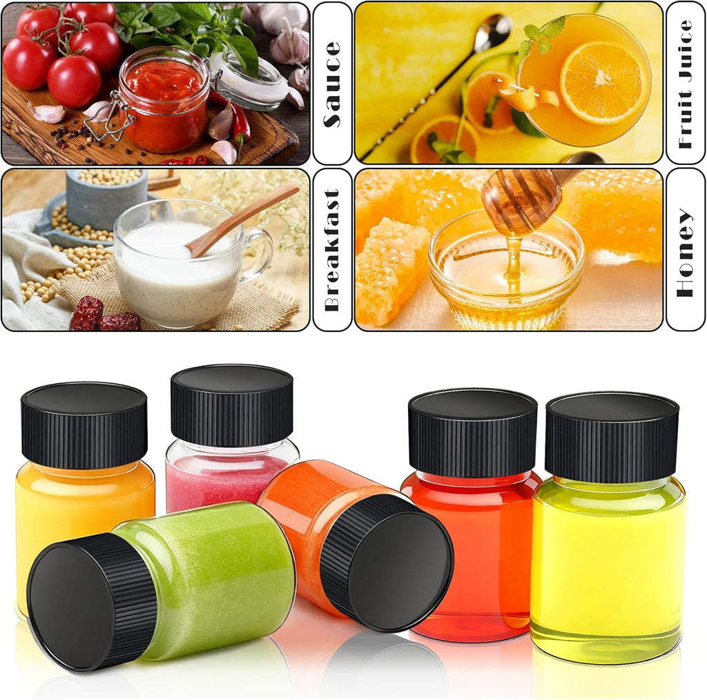 YZXODN 25 Pack 2 oz Plastic Shot Bottles, Wide Mouth Containers with Caps for Ginger, Juice, Liquids, Samples, Reusable Small Empty Travel Bottles for Independence Day DIY, Weddings, Parties