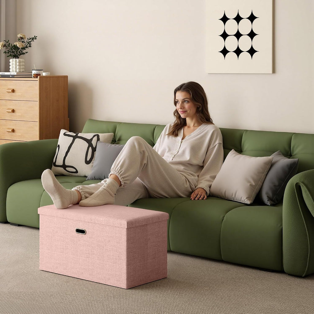 VECELO 30'' Folding Storage Ottoman Bench, End of Bed Linen Fabric Foot Rest Stool with Padded Seat, Large Footstools for Bedroom, Living Room, Load 550 lb, Pink