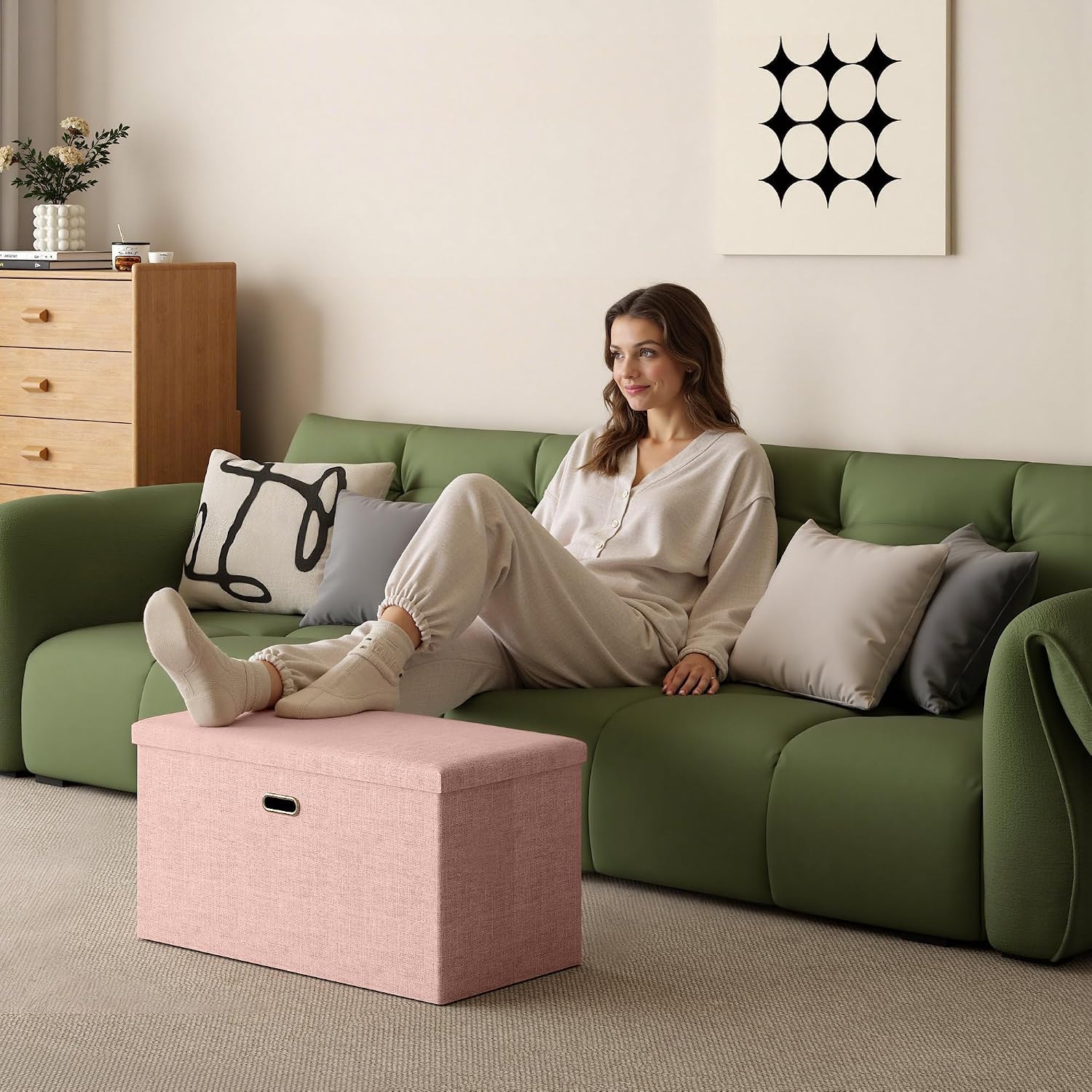 VECELO 30'' Folding Storage Ottoman Bench, End of Bed Linen Fabric Foot Rest Stool with Padded Seat, Large Footstools for Bedroom, Living Room, Load 550 lb, Pink