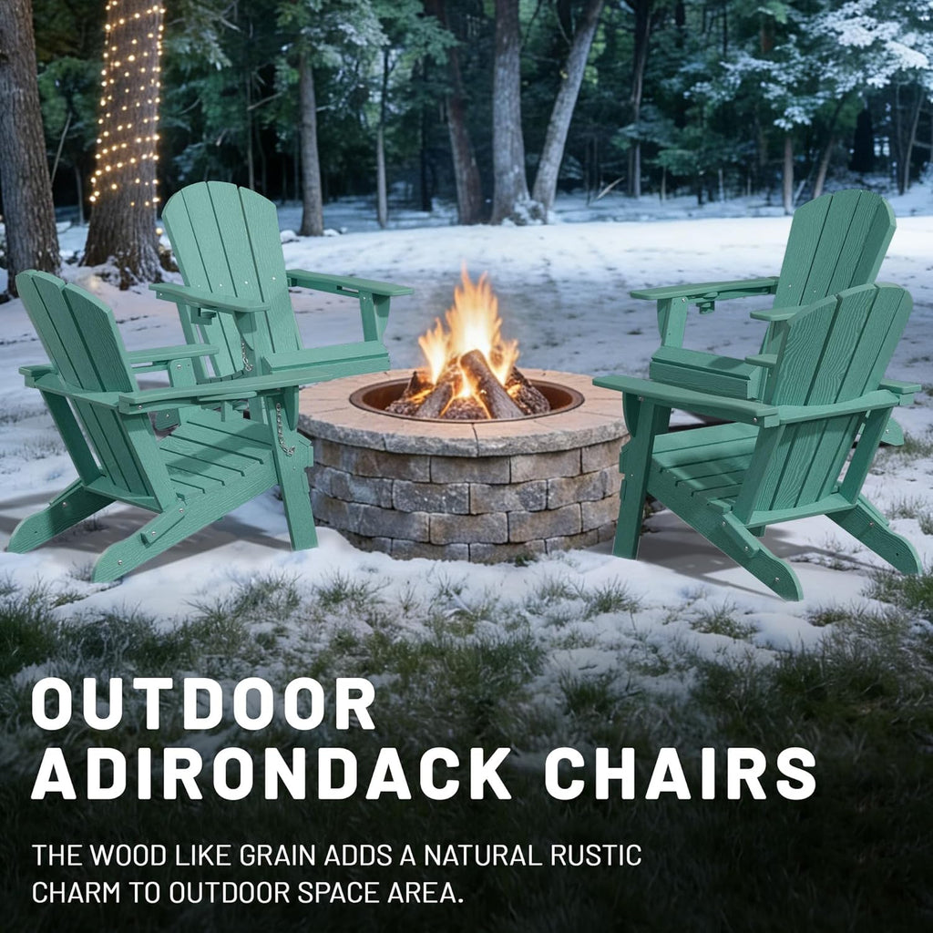 PLUUV Folding Adirondack Chair Set of 2, Hdpe All-Weather Patio Chairs with Cup Holder, Wooden Textured Fire Pit Chairs, Outdoor Chair for Poolside, Backyard, Deck（Aruba）