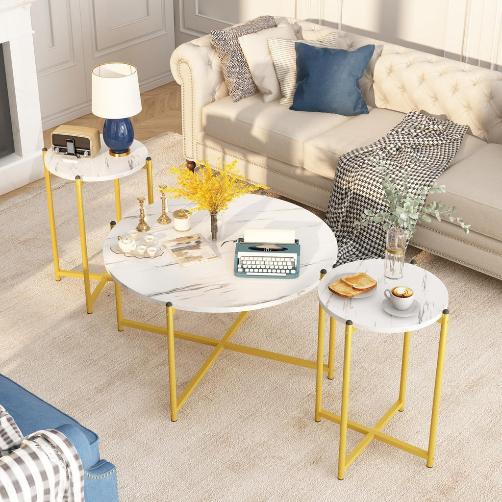 AWQM Faux Marble Coffee Table Set of 3, 1 Coffee Table & 2 Sofa Table, Round Tabletop and Metal Cross Base Frame,Perfect for Living Room Apartment, White