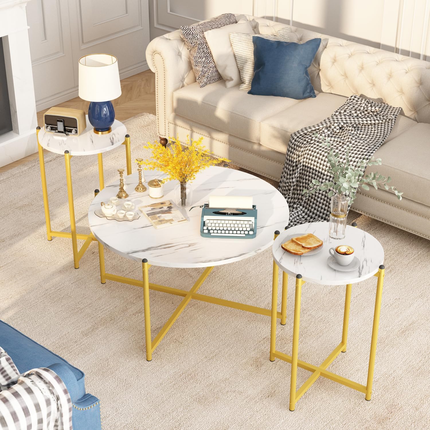 AWQM Faux Marble Coffee Table Set of 3, 1 Coffee Table & 2 Sofa Table, Round Tabletop and Metal Cross Base Frame,Perfect for Living Room Apartment, White